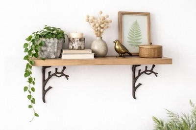 2 Cast Iron Tree Branch Shelf Brackets Rustic Antique Brown 7 1/4 x 6 1/4 inch