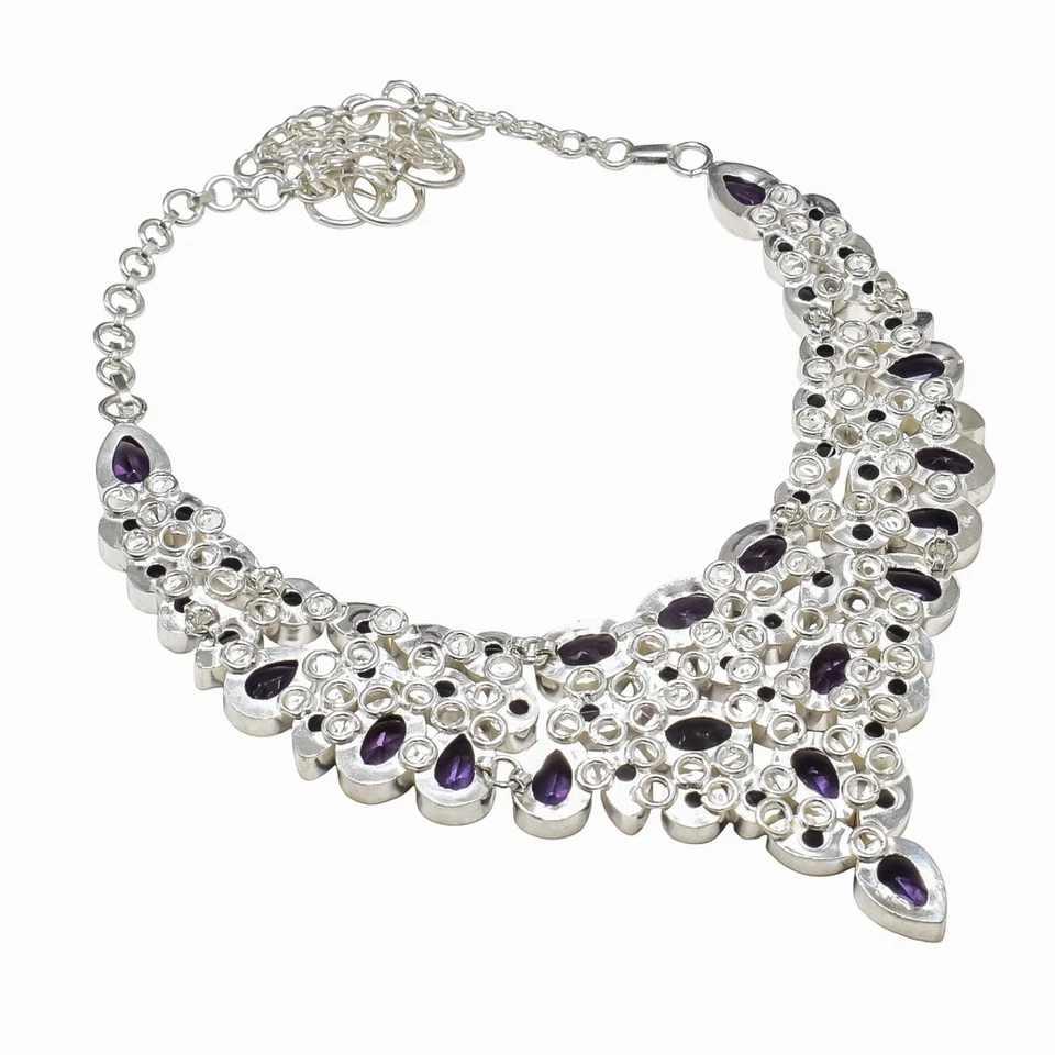 Collar de joyería de plata de ley 925 hecho a mano con piedras preciosas de amatista púrpura de 18" Foto 4 de 4