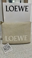 NEW LOEWE JACQUARD OBLONG ZIP POUCH CLUTCH ECRU BEIGE CANVAS W/LEATHER