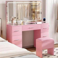 46" Makeup Vanity Desk with LED Mirror Lights Vanity Table with Charging Station