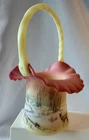 Vtg Fenton Art Glass Burmese Pink Satin Winter Deer Hand Painted Basket UV Glow