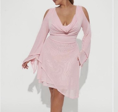 Pink Cold Shoulder Bell Sleeve Mini Dress Cowl Neck Long Sleeve for Women