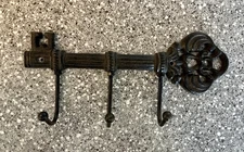 Rustic Brown Cast Iron Wall Mount 3 Hook Antique Skeleton Key Style Holder