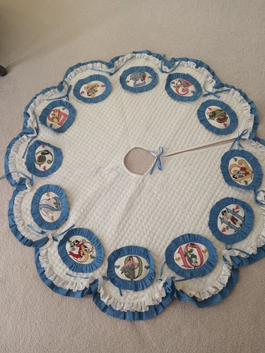 Twelve Days of Christmas  Handmade Cross Stitched Tree Skirt With Blue Ruffle