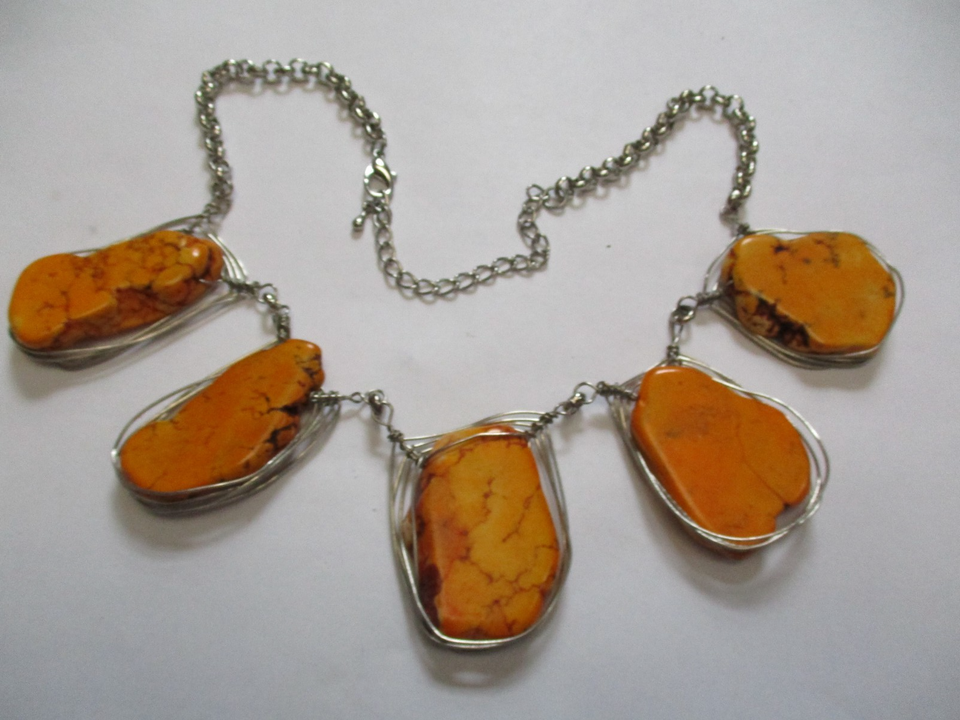 Vintage Statement Wide Large Orange Howlite Gemstone Beaded silver Tone ...