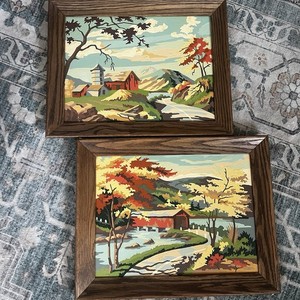 Vintage Paint By Number Set Country Side Barn Red Cabin 1950’s Framed 15”/18.5”