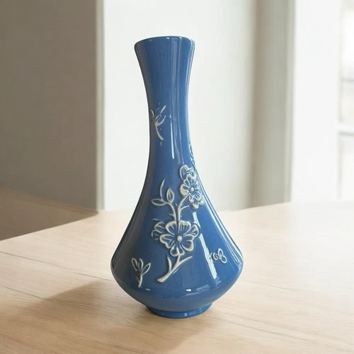 Stangl Pottery Blue Vase White Appliqué. Vintage Vase Now Defunct Stangl Factory