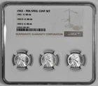 1943 P D S 1c Lincoln Steel Wheat Cent Set NGC Graded MS 66 Three Coin Holder