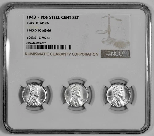 1943 P D S 1c Lincoln Steel Wheat Cent Set NGC Graded MS 66 Three Coin Holder