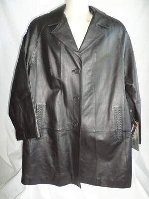 Womens Via Accenti Black Leather Coat Size 18 Thinsulate Insulation 3 Buttons 3M