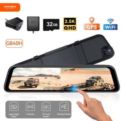 WOLFBOX 12'' Mirror Dual Dash Camera Front & Rear Dash Cam With WiFi&GPS for Cars