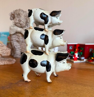 Vintage drei Schweine Huckepack 3 gestapelt Gusseisen Figur oder Türstopper 7 Zoll