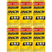6 Pack Anacin Fast Pain Relief Aspirin & Caffeine Pain Reliever 300 Tablets Each