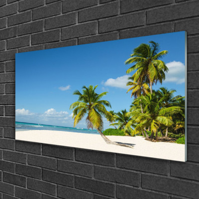 Tableau Impression Sur Verre 120x60 Cm - Paysage Palmiers Plage Mer, Style Moderne, Parfait Pour Décoration Intérieure