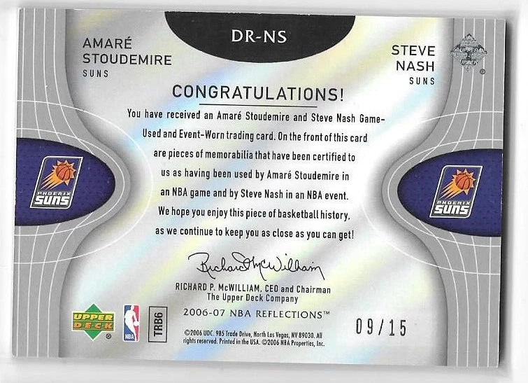 2006-07 Reflections Dual Fabric Patch Blue #DRNS Steve Nash Amare Stoudemire /15 - Image 2 of 2