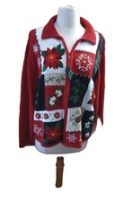 Tiara International Christmas Collection Poinsettia Sweater Zip Cardigan L Red