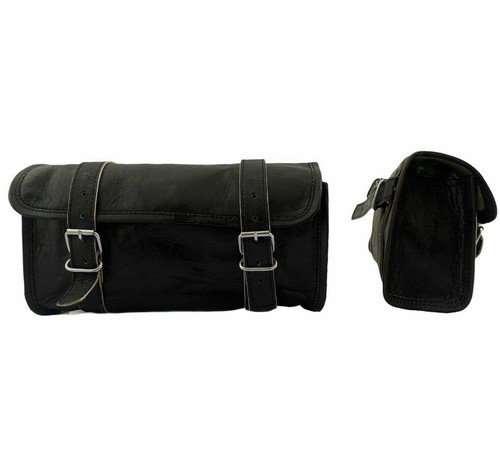 Two Motorcycle Saddle Bag High-Quality Genuine Black Leather Pouch Side Tool Bag - Picture 4 of 7