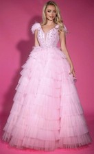 Portia And Scarlett Pink Layered Tulle Ballgown Feather Sleeve V-Neck Size 4