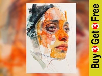 Ausdrucksstarkes abstraktes Porträt, Aquarell Gemälde Druck 5''x7'' auf mattem Papier