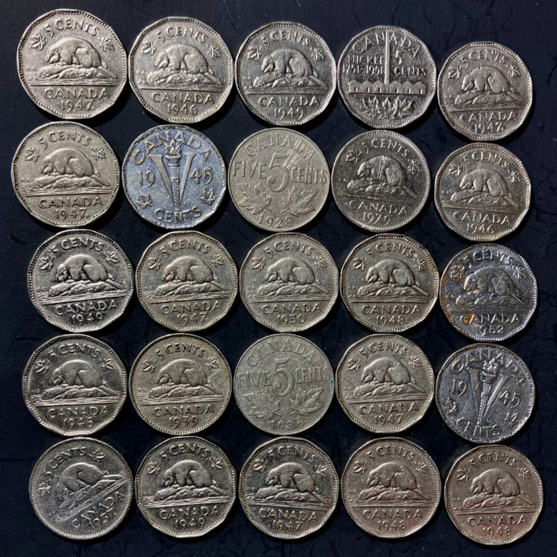 Old Canada Coin Lot - 1928-1952  - 25 OLDER NICKELS - Excellent - Lot #U10