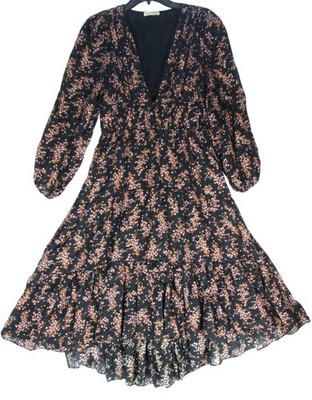 Ulla Johnson Black Pink Floral Dress Size 4 Tiered Boho Prairie Cottagecore Joan