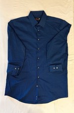 J Ferrar Dress Shirt Men Large Navy Blue Polka Dot Stretch Slim Formal Button Up
