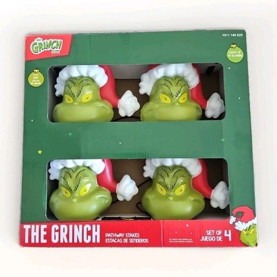 Christmas Grinch Battery-Operated Pathway Stakes 4 Count in Santa Hat LED Gemmy