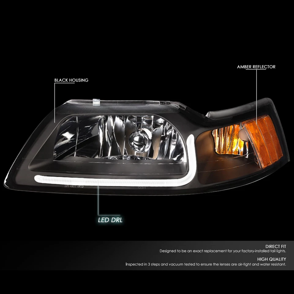 [LED DRL]Fit 1999-2004 Ford Mustang par carcaça preta farol de canto âmbar - Imagem 2 de 4