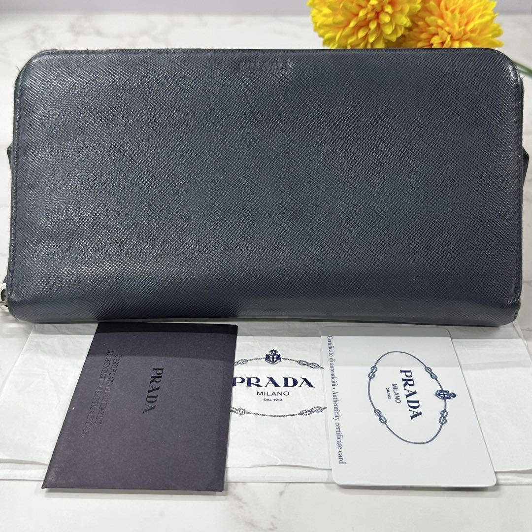 PRADA Saffiano Leather Long Wallet with Round Zipper in Excellent Condition