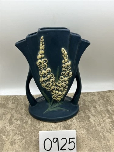 Reproduction Roseville Blue Foxglove Fan Handled Vase