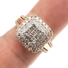 10k Solid Rose Gold Natural Princess Cut and Round Diamond Ring Size 6.75