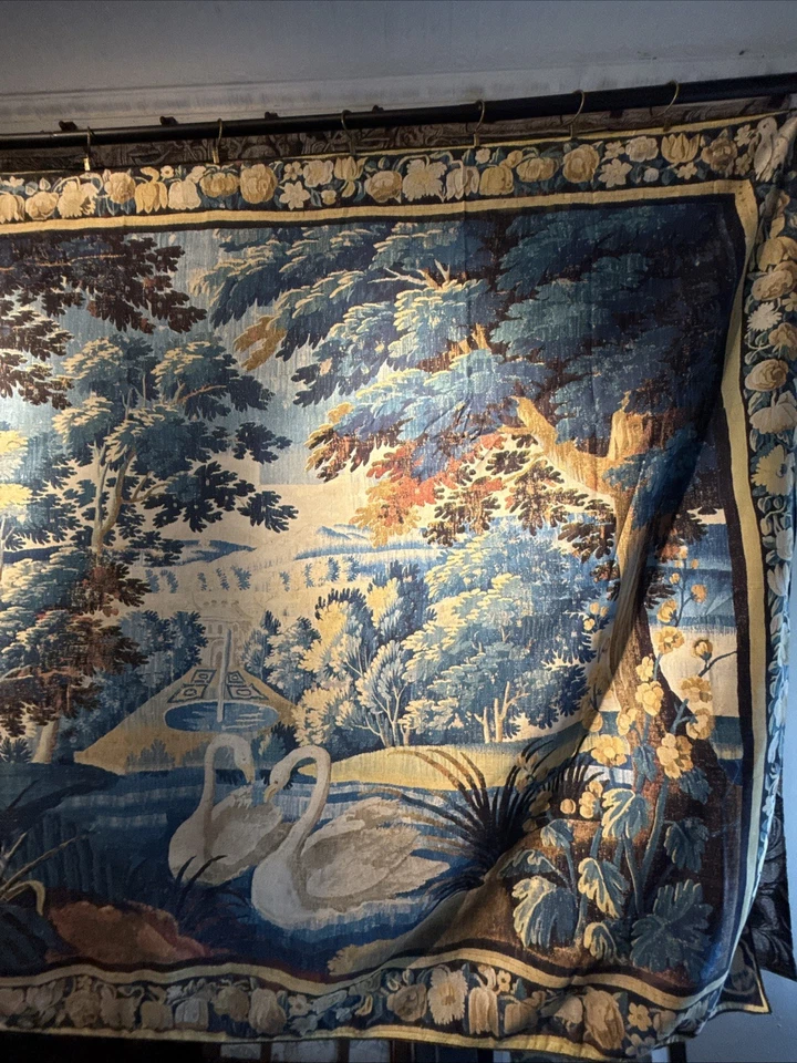 Antiguo tapiz Aubusson azul y dorado verdure estilo tela impresión reproducción Foto 2 de 4