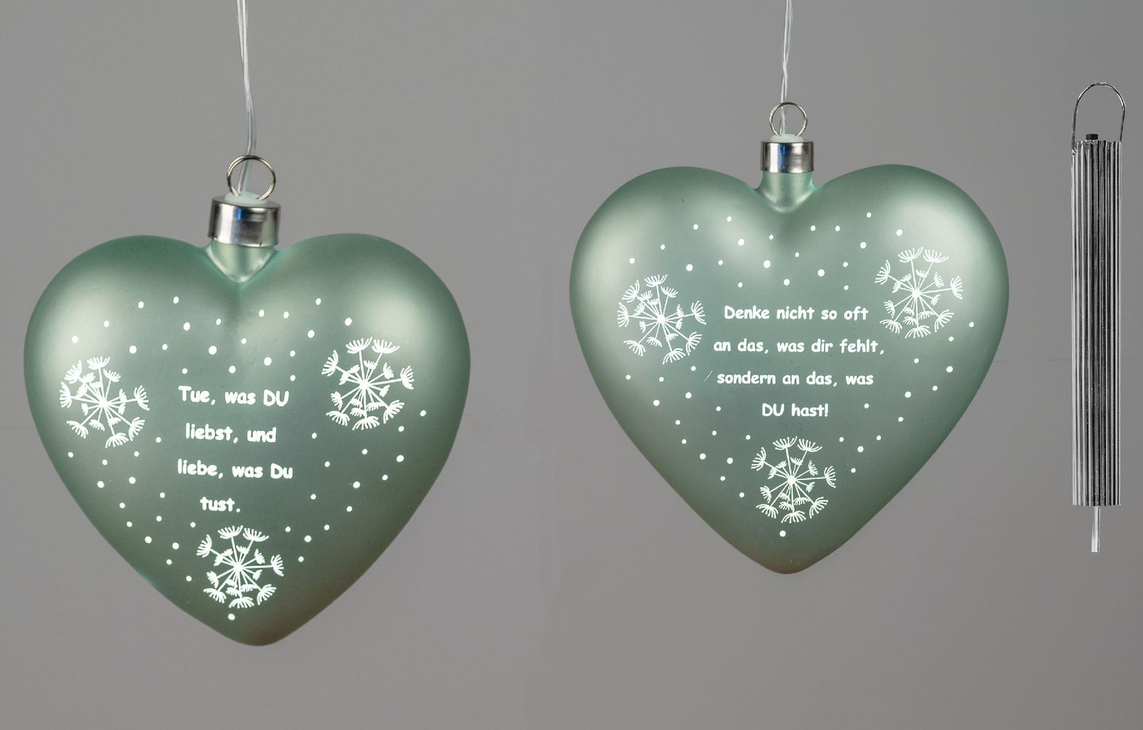 2er Set LED Hängedeko Herzen mit Spruch grün D. 15cm mit Timer Glas Formano