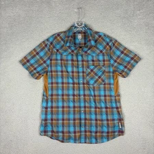 Club Ride Shirt Men's Small Blue Tan Pearl Snap Performance Cycling Casual