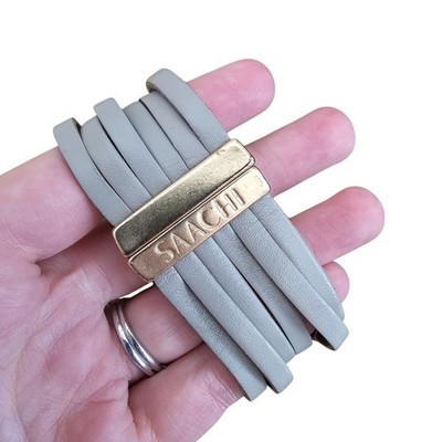 Saachi Stacked Silver Leather Cuff Style Bracelet w/ Gold Accents