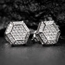 White Gold 925 Sterling Silver Men's Hip Hop Octagon Cz Stud Earrings