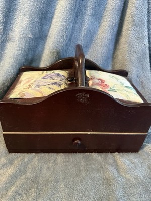 vintage-style wooden sewing caddy or sewing box