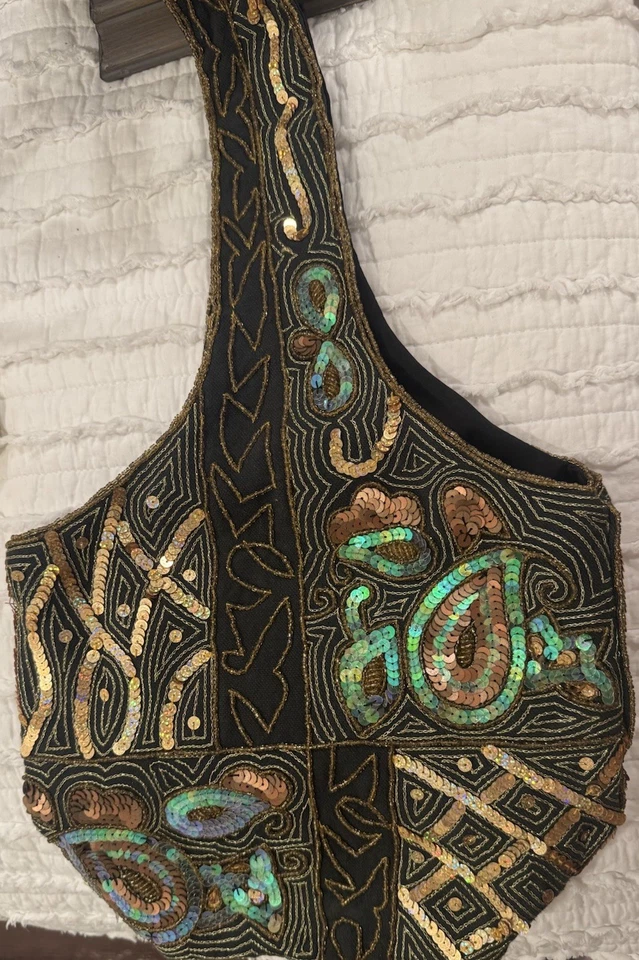 Bolso de Mano con Lentejuelas Cartera Tela Negra con Un Asa Boho Foto 2 de 4