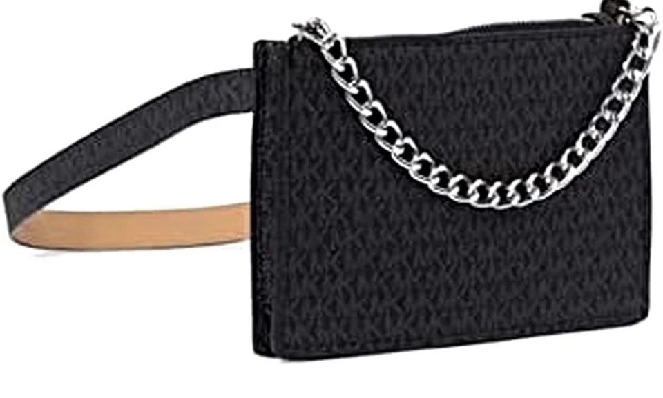 Bolso Cinturón Michael Kors Plateado Grueso Tirar Cadena Negro Multi MK Logo Cintura Paquete Nuevo con Etiquetas Foto 2 de 4