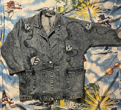 Vintage Vanna White Acid Denim Jacket M Western Blazer Embroidered Floral Blue