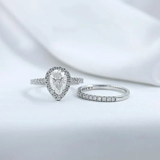 Halo Engagement Ring Set 2 Ct Pear & Round Cut Lab Grown Diamond 14K Gold Plated - Image 4 of 4