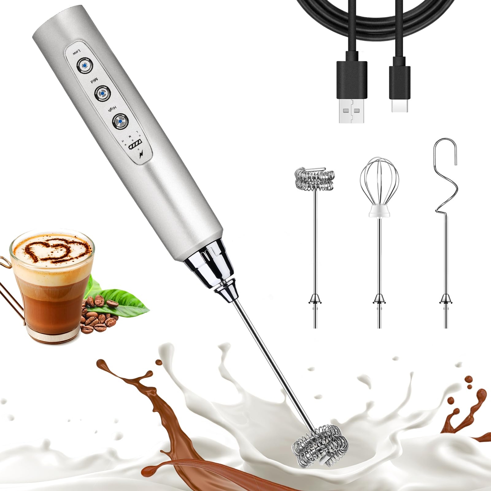 Silver Milk Frother Wand for Coffee, Frother Handheld Rechargeable Electric W...