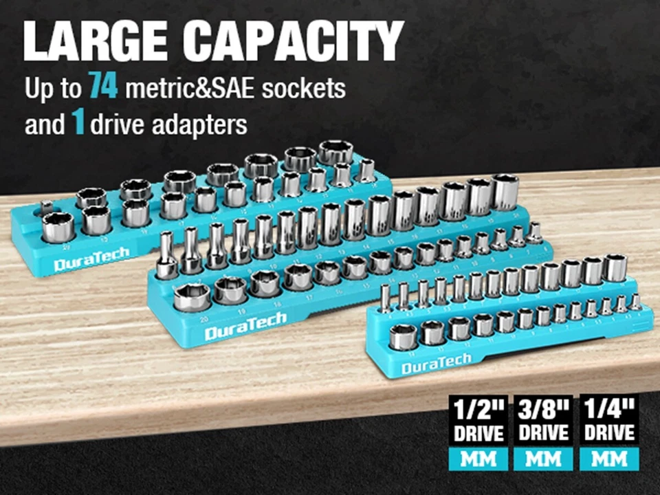WORKPRO 3PC 1/4'' 3/8'' 1/2'' Magnetic Socket Organizer Set Metric Socket Holder - Image 2 of 4