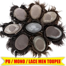 Mens Ultra Thin Skin PU/MONO Remy Human Hair Piece Toupee Replacement System