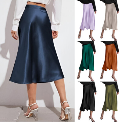 Women Satin Maxi Skirt Cocktail Party Skirts High Waist A-Line