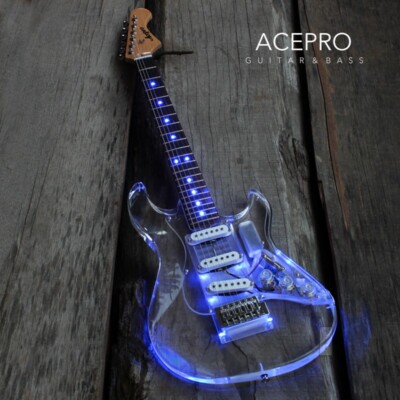 Acepro LED Light Electric Guitar Acrylic Body Blue LED Transparent Pickguard