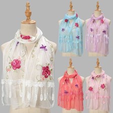 Embroidered Floral Tassels Long Scarf Women Gauze Breathable Lightweight Shawls