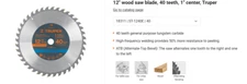 12" wood saw blade, 40 teeth, 1" center, Truper