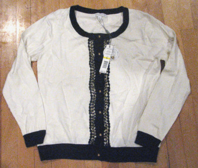 Joseph A. QU'EST-CE QUE C'EST SILK? Ivory & Black Cardigan Hand Sewn Beads NEW M