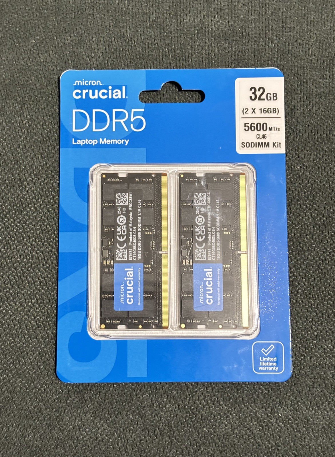 Crucial 32GB Kit (2x 16GB) DDR5 5600MHz SODIMM Laptop Memory RAM CT2K16G56C46S5